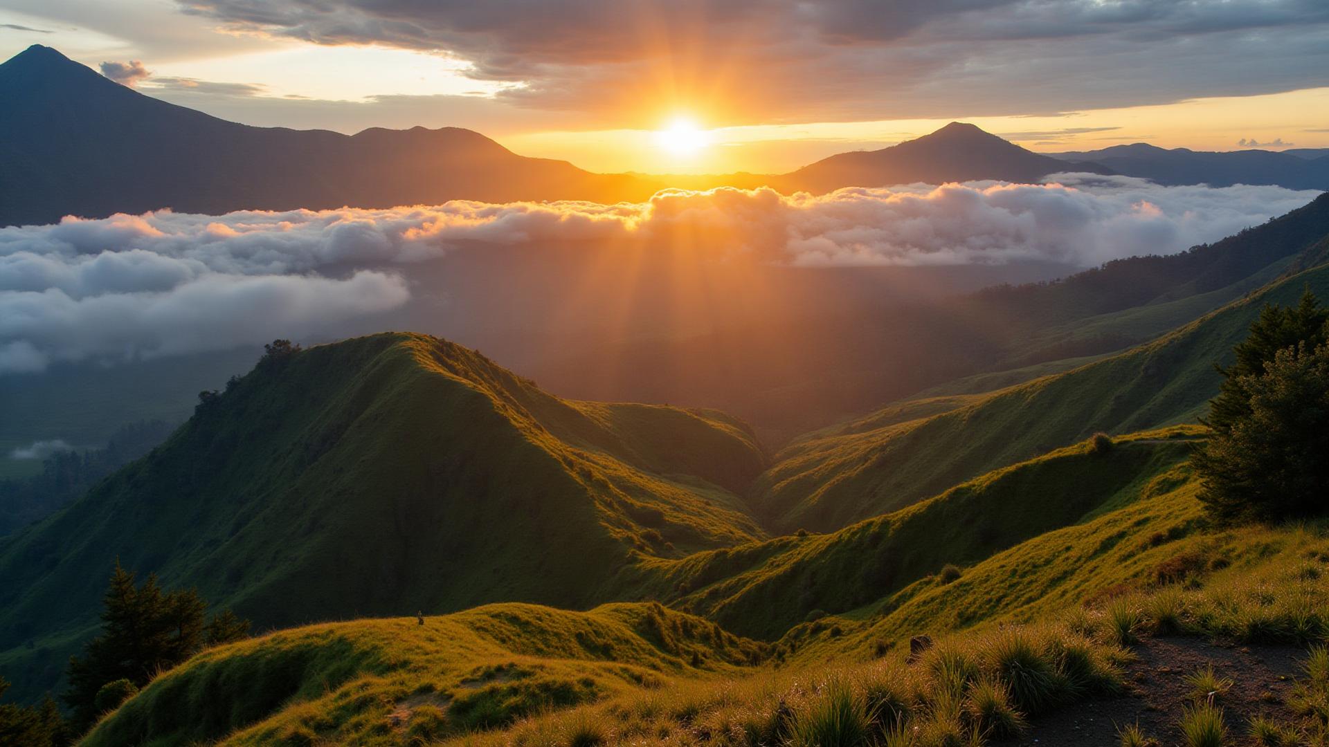 Stunning sunrise view over Dieng plateau volcanic landscape